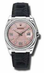 Rolex Datejust 36 mm Pink Wave Dial Diamond Set Bezel Black Leather Strap Ladies Watch 116189
