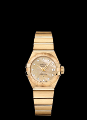 Omega Ladies 27mm Co-Axial Brushed Yellow Gold Champagne MOP (123.50.27.20.57.002)
