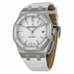 Audemars Piguet Royal Oak Automatic Diamond Silver Dial White Leather Ladies Watch 15451ST.ZZ.D011CR.01