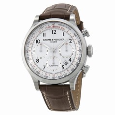 Baume and Mercier Capeland Chronograph White and Silver Dial Brown Alligator Leather Men's Watch 10041