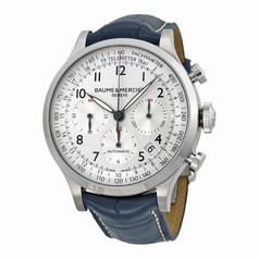 Baume and Mercier Capeland Silver Dial Chronograph Blue Leather Men's Watch 10063