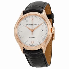 Baume and Mercier Clifton Silver Diamond Dial 18kt Rose Gold Black Alligator Leather Men's Watch 10104