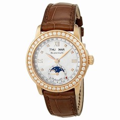 Blancpain Leman Moonphase Mother of Pearl Dial 18kt Rose Gold Brown Leather Diamond Ladies Watch 2360-2991A-55