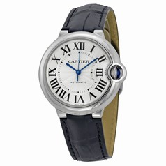 Cartier Ballon Bleu Automatic Silver Dial Stainless Steel Black Leather Ladies Watch W69017Z4