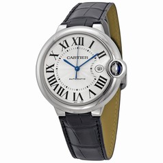 Cartier Ballon Bleu Automatic Silver Dial Stainless Steel Black Leather Men's Watch W69016Z4