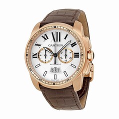 Cartier Calibre de Cartier Silver Dial 18kt Rose Gold Brown Leather Automatic Men's Watch W7100044