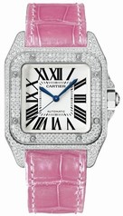 Cartier Santos 100 Diamond 18kt White Gold Pink Ladies Watch WM501751