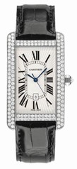 Cartier Tank Americaine Silver Dial 18kt White Gold Diamond Black Leather Men's Watch WB710004