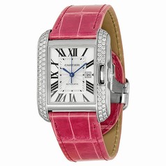 Cartier Tank Anglaise Large 18k White Gold Diamond Bezel Pink Leather Watch WT100018