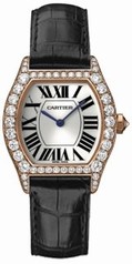 Cartier Tortue Silver Dial 18kt Rose Gold black Leather Diamond Ladies Watch WA507031