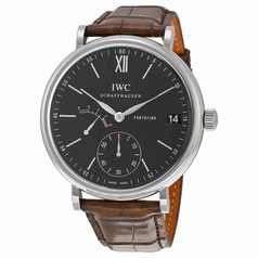 IWC Portofino Manual Wind Eight Days Black Dial Brown Leather Men's Watch 5101-02