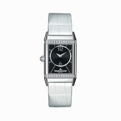 Jaeger LeCoultre Reverso Duetto Black Dial White Leather Ladies Watch Q2568402