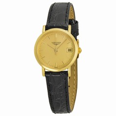 Longines Presence Champagne Dial 18kt Yellow Gold Black Alligator Leather Ladies Watch L42776322