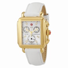 Michele Signature Deco White Mother of Pearl Dial Gold-tone White Leather Ladies Watch MWW06P000032