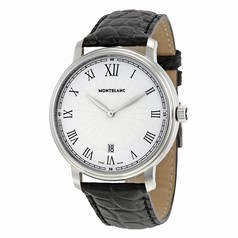 Montblanc Tradition Date White Guilloche Dial Black Leather Men's Watch 112633