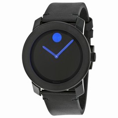 Movado Bold Black Dial Black Leather Band Black Ion-Plated Stainless Steel Case Unisex Quartz Watch 3600307