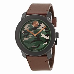 Movado Bold Camouflage-Print Dial Brown Leather Strap Black Stainless Steel Men's Quartz Watch 3600302