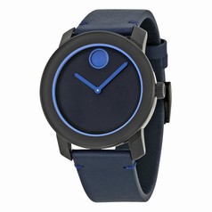 Movado Bold Navy Blue Dial Blue Leather Band Navy Blue Stainless Steel Case Men's Quartz Watch 3600317