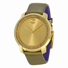 Movado Bold Yellow Gold Sunray Dial Green Leather Laides Quartz Watch 3600312