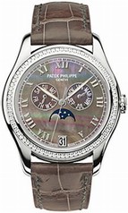 Patek Philippe Black Mother of Pearl Dial 18kt White Gold Brown Leather Automatic Diamond Ladies Watch 4936G-001