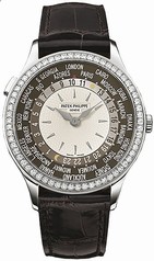 Patek Philippe Brown and Ivory Dial 18kt White Gold Diamond Brown Leather Ladies Watch 7130G-001