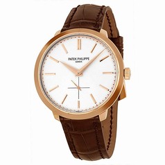 Patek Philippe Calatrava Silver Dial 18k Rose Gold Brown Leather Men's Watch 5123R-001