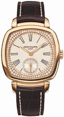 Patek Philippe Silver Dial 18kt Rose Gold Diamond Brown Leather Ladies Watch 7041R