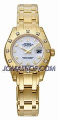 Rolex Pearlmaster White Arabic Dial Pearlmaster Bracelet Diamond Bezel 18k Yellow Gold Ladies Watch 80318WAO