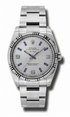 Rolex Airking Silver Arabic Blue Stick Dial Fluted 18k White Gold Bezel Oyster Bracelet Men's Watch 114234SABLSO