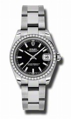 Rolex Datejust Black Dial 18kt White Gold Diamond Bezel Ladies Watch 178384BKSO