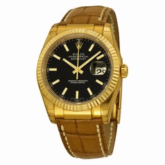 Rolex Datejust Black Dial 18kt Yellow Gold Brown Leather Strap Men's Watch 116138BKSL