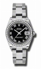 Rolex Datejust Black Roman Dial 18kt White Gold Diamond Bezel Ladies Watch 178384BKRO