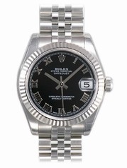 Rolex Datejust Black Roman Dial Jubilee Bracelet 18k White Gold Fluted Bezel Unisex Watch 178274BKRJ