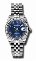 Rolex Datejust Blue Roman Dial 18kt White Gold Diamond Bezel Ladies Watch 178384BLRJ