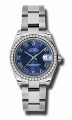 Rolex Datejust Blue Roman Numeral Dial 18kt White Gold Diamond Bezel Stainless Steel Ladies Watch 178384BLRO