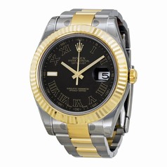 Rolex Datejust II Black Roman Dial 18k Yellow Gold Fluted Bezel Two Tone Oyster Bracelet Men's Watch 116333BKRO