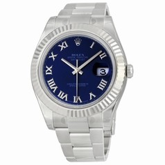 Rolex Datejust II Blue Roman Dial Fluted 18k White Gold Bezel Oyster Bracelet Men's Watch 116334BLRO