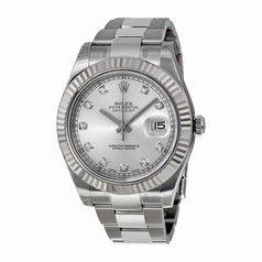Rolex Datejust II Silver Diamond Dial 18k White Gold Fluted Bezel Oyster Bracelet Men's Watch 116334SDO