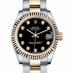 Rolex Datejust Lady 31 Black Set With Diamonds Dial 18 Carat Yellow Gold and Stainless Steel Automatic Ladies Watch 178273BKDO