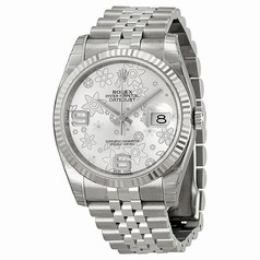 Rolex Datejust Silver Floral Dial White Gold Bezel Stainless Steel Ladies Watch 116234SAFJ