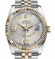 Rolex Datejust Silver Floral Motif Dial 18 Carat Yellow Gold and Stanless Steel Automatic Unisex Watch 116233SFAJ