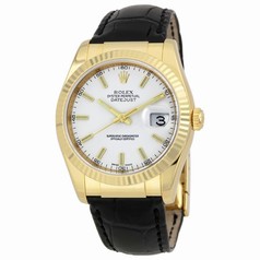 Rolex Datejust White Index Dial Fluted Bezel Leather Strap Men's Watch 116138WSL