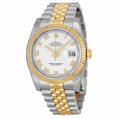 Rolex Datejust White Roman Dial Jubilee Bracelet Fluted Bezel Two Tone Men's Watch 116233WRJ