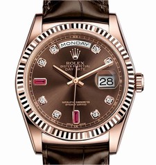 Rolex Day-Date Chocolate Brown Diamond and Ruby Dial Leather Automatic Men's Watch 118135CDL