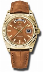 Rolex Day Date Cognac Dial 18K Yellow Gold Leather Men's Watch 118138COL