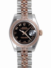 Rolex Datejust Black Arabic Dial 18k Rose Gold Fluted Bezel Ladies Two Tone Watch 179171BKAJ