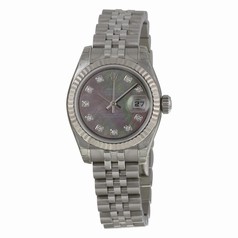 Rolex Lady Datejust Black Mother of Pearl Diamond Dial Fluted 18k White Gold Bezel Steel Jubilee Bracelet Watch 179174BMDJ