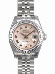 Rolex Lady Datejust Pink Decorated Mother of Pearl Roman Dial 18k White Gold Fluted Bezel Watch 179174PMRJ