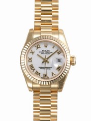 Rolex Lady Datejust White Roman Dial 18k Yellow Gold Case and Bezel President Bracelet Watch 179178WRP