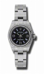 Rolex No Date Black Arabic and Blue Stick Dial 18k White Gold Fluted Bezel Stainless Steel Oyster Bracelet Watch 176324BKABLSO